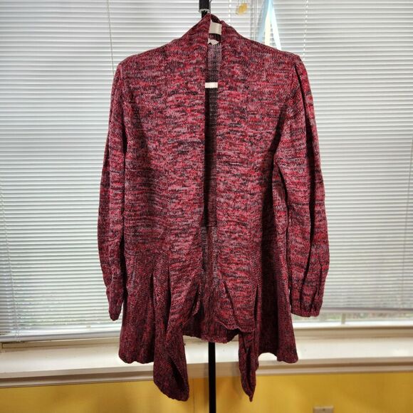 Linda Anderson XL $64 Red Black‎ Pink Heather Waterfall Open Front Knit Cardigan - Picture 1 of 8